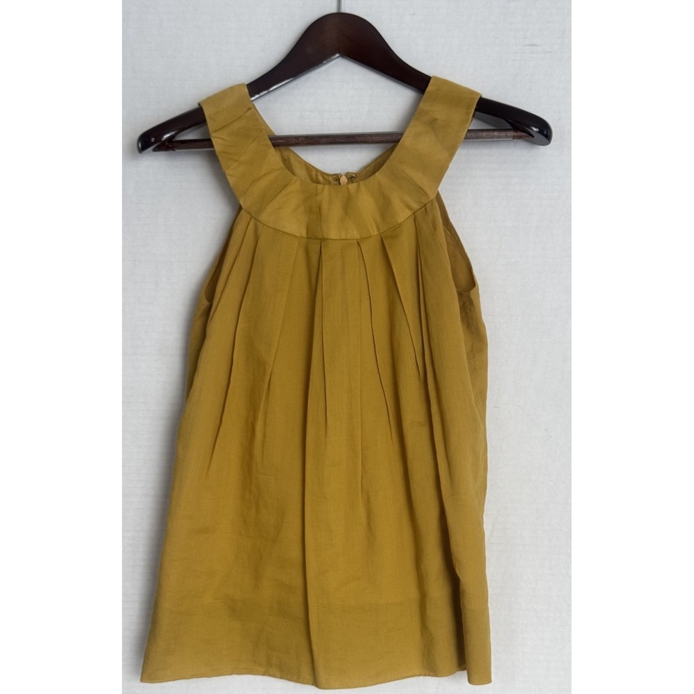 Vera Wang Mustard Yellow Sleeveless Pleated Neck Blouse Cotton Silk Size 4